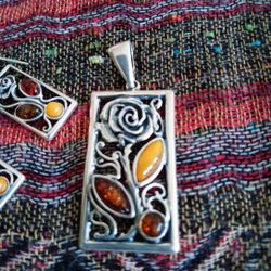 Rose Design  Amber Sterling Silver Set