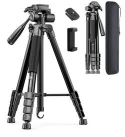 73" Camera Tripod for Camera and Phone, Aluminum Travel Tripod DSLR Tripod with Phone Holder, Quick Release Plate, Travel Bag, Compatible with GoPro C