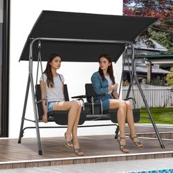 2-Seat Patio Swing Chair, Outdoor Patio Swing with Adjustable Canopy, Porch Swing with Storage Bag and Rotating Tray, Oxford Fabric and Alloy Steel Fr