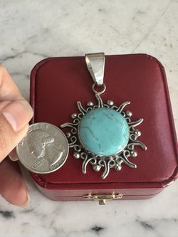 925 Sterling Silver , Turquoise Sun 🌞 Pendant , Marked Mexico 🇲🇽, 925 In 2 Places In Photos , Large Bale , Nice Sized Sun