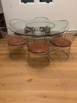 CB2 Modern Glass Dining Table + 6 Brown Leather Chrome Chairs