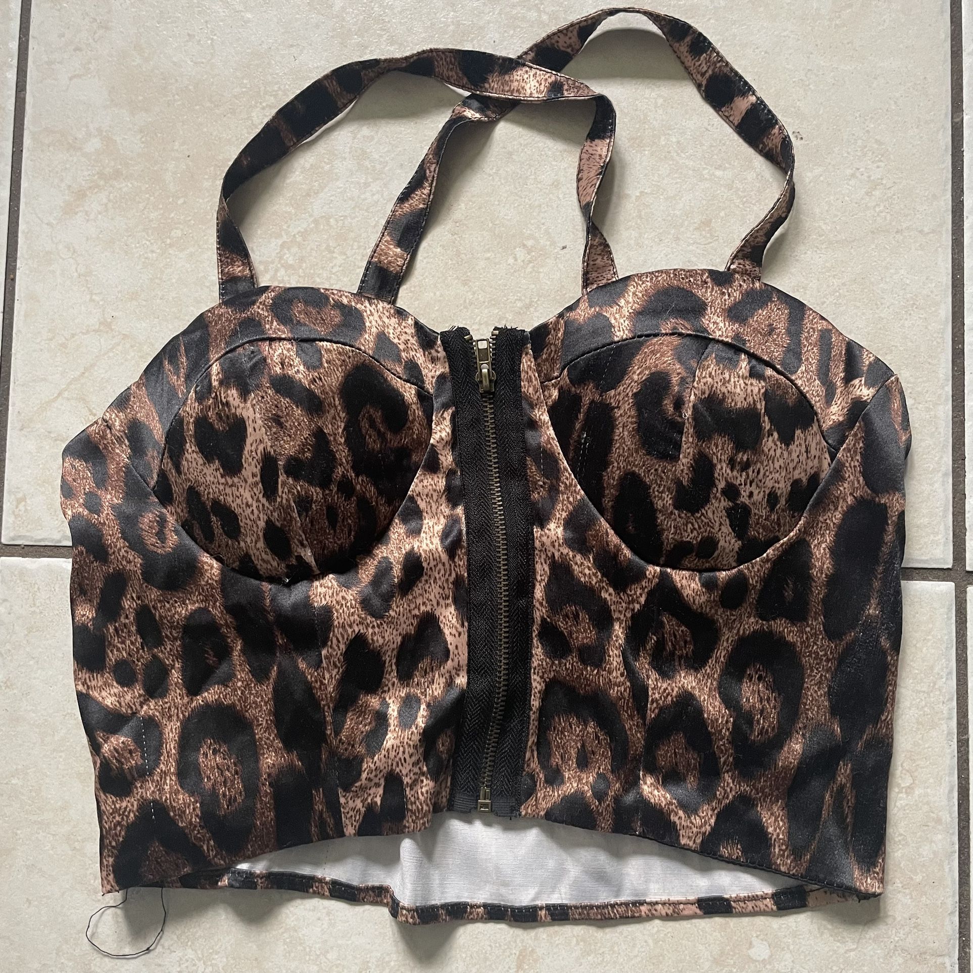 Leopard print corset top with zipper detail in black and brown Size 8-10