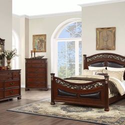 Brand New Cherry 4pc Queen Bedroom Set (Available In California & Eastern King)