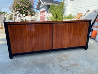 Vintage Henredon Elan Collection Black Lacquer and Koa Wood Credenza Sideboard