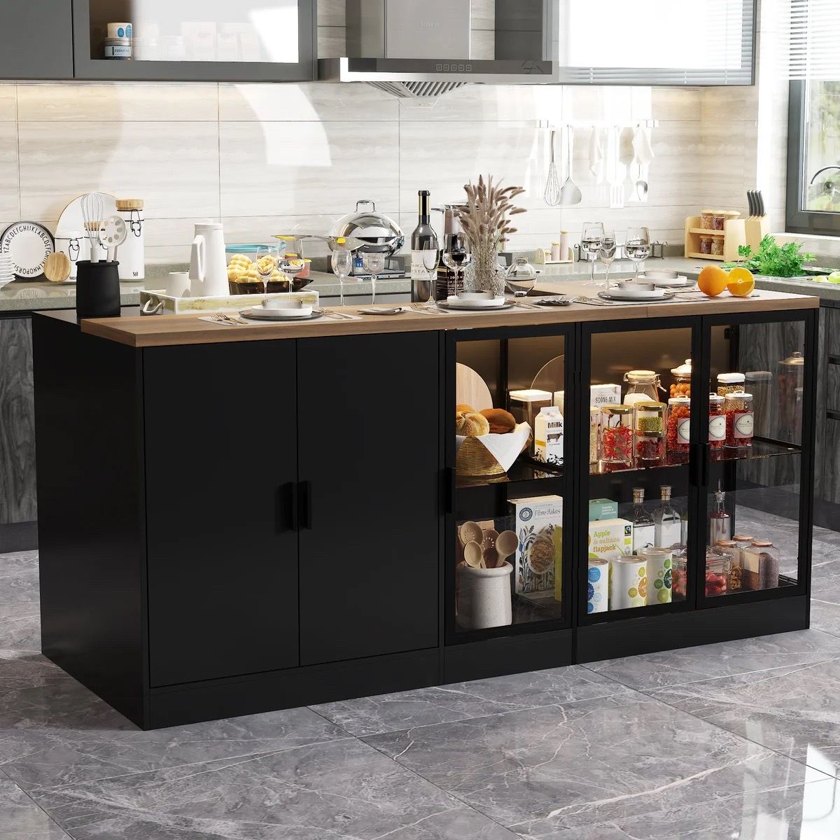 77.6 inches Modern Elegant Black Kitchen Island With Glass Door 3 Drawer Light Double Side