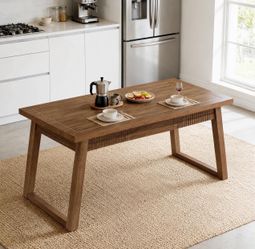 Rectangular Dining Table with Drawer, Walnut Finish, MDF Tabletop and Solid Wood Legs, Seats 4 to 6 people