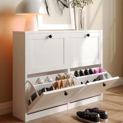 Shoe Cabinet with 4 Flip Drawers, Freestanding Shoe Storage Cabinet with Adjustable Shelf & Anti-Tipping Device, Shoe Rack for Entryway, Hallway, Livi