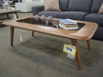 Natuzzi Editions Walnut Mid-Century Cocktail Table with Glass Inset