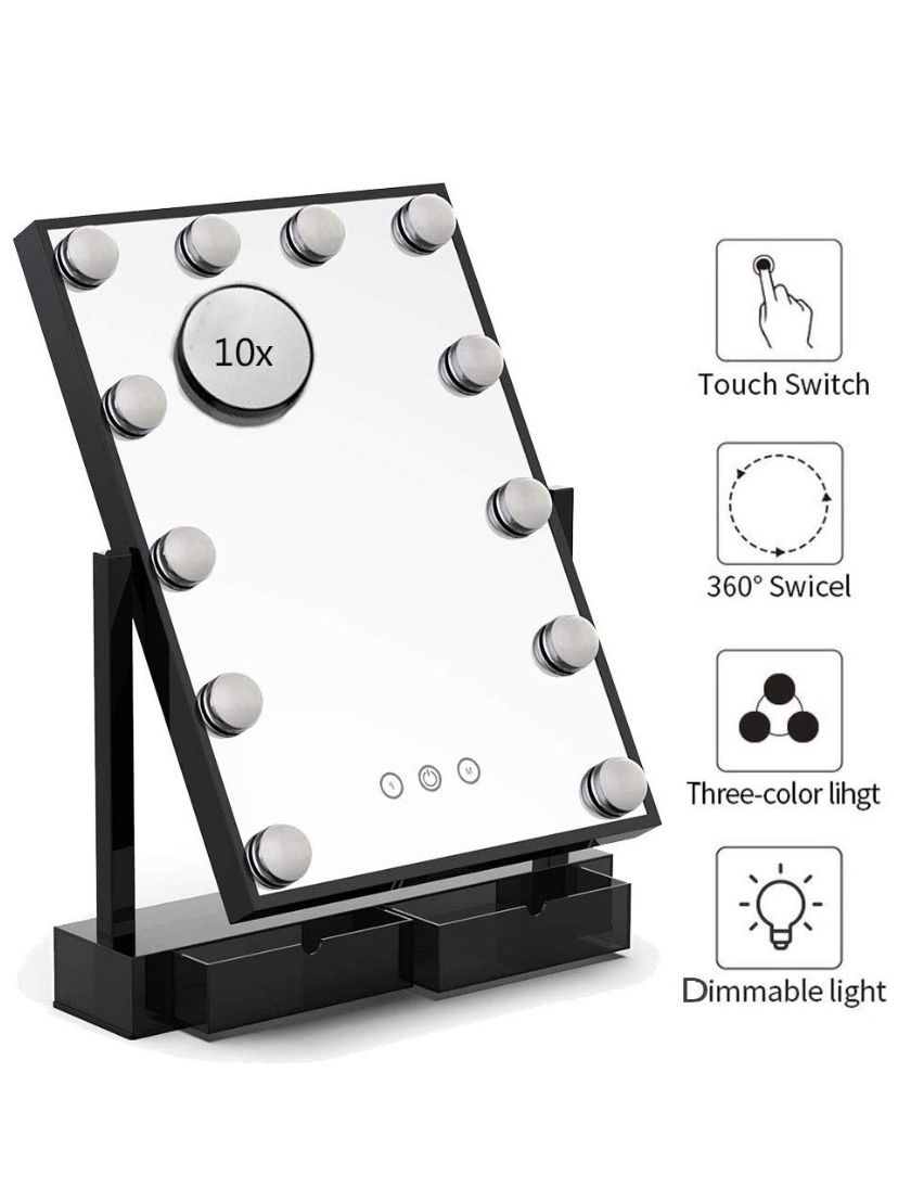 Large Makeup Vanity Mirror with Lights,Hollywood Light-up Professional Mirror with Storage,3 Color Lighting Modes,10x Magnification,Big Cosmetic Mirr