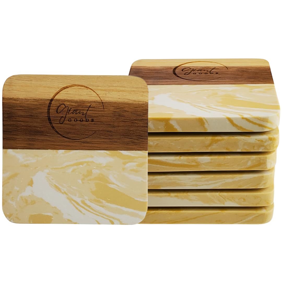 GIANT GOODS Walnut Wood & Giallo Reale Yellow Marble Square Coasters 7pk