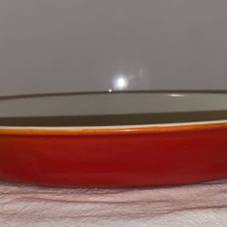 Descoware Belgium Flame Red & Orange Oval Au Gratin Casserole Dish White Enamel Over Cast Iron, Model 14 D 26, Vintage French Cooking, 1970s