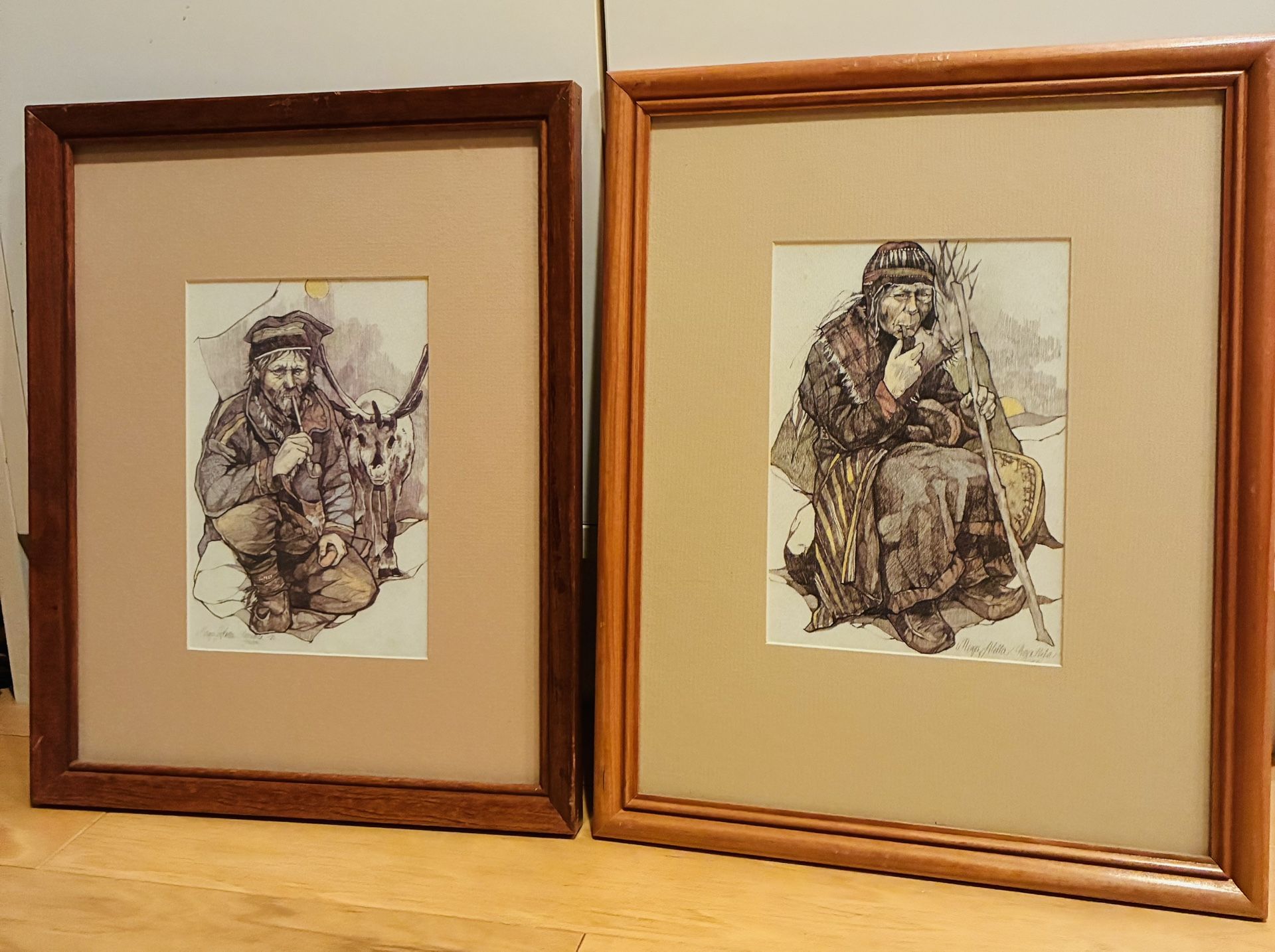 2 Postcard Pictures Sami govat Arletta Renttila Anar, Sapmi In Wood Frames, 12 1/4” X15 1/2”, w/Matts.