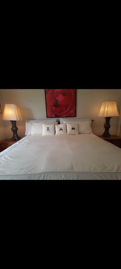 King Duvet cover,  bed skirt, 3 decorative chair pillows. Bloomingdale's Barbara Berry collection.  Includes 6-piece  blue king sheet set.