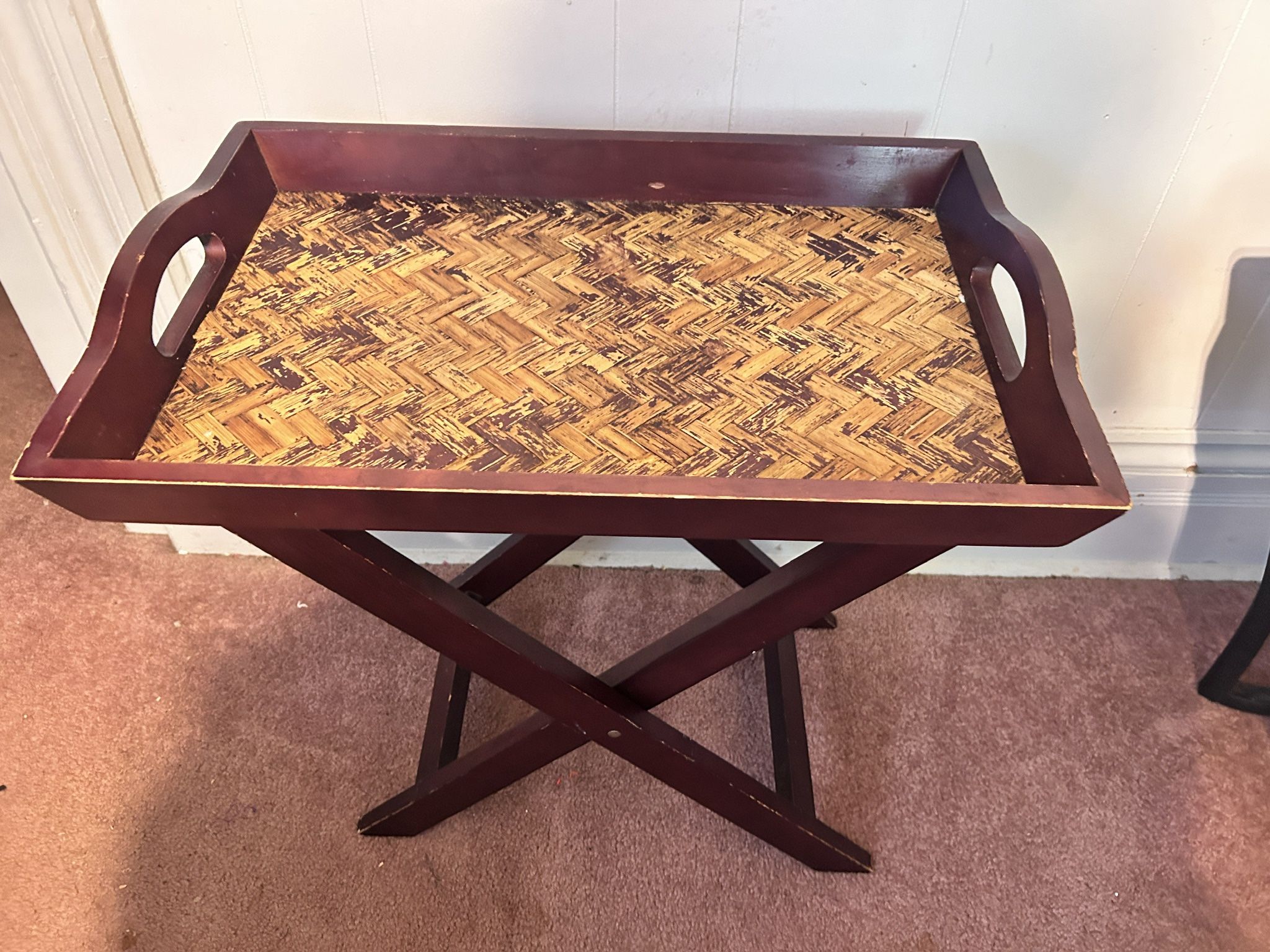 Pier 1 Mahogany Stained Wood and Rattan Table Tray W/Stand
