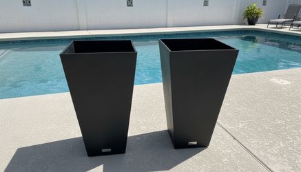$60 for both! Two Veradek Midland Medium Black Plastic Resin Tapered Tall Garden Planters! Have concrete filled halfway inside. Retails $134.99 for bo