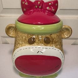 Girl Sock Monkey Christmas Cookie Jar Cannister 