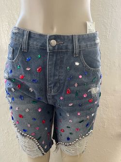 Rhinestone Embellished Distressed Denim Shorts
