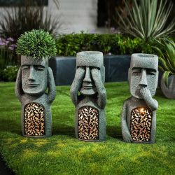 Luxenhome Easter Island Solar Garden Statues See, Hear, Speak No Evil (Set of 3), ST1019
