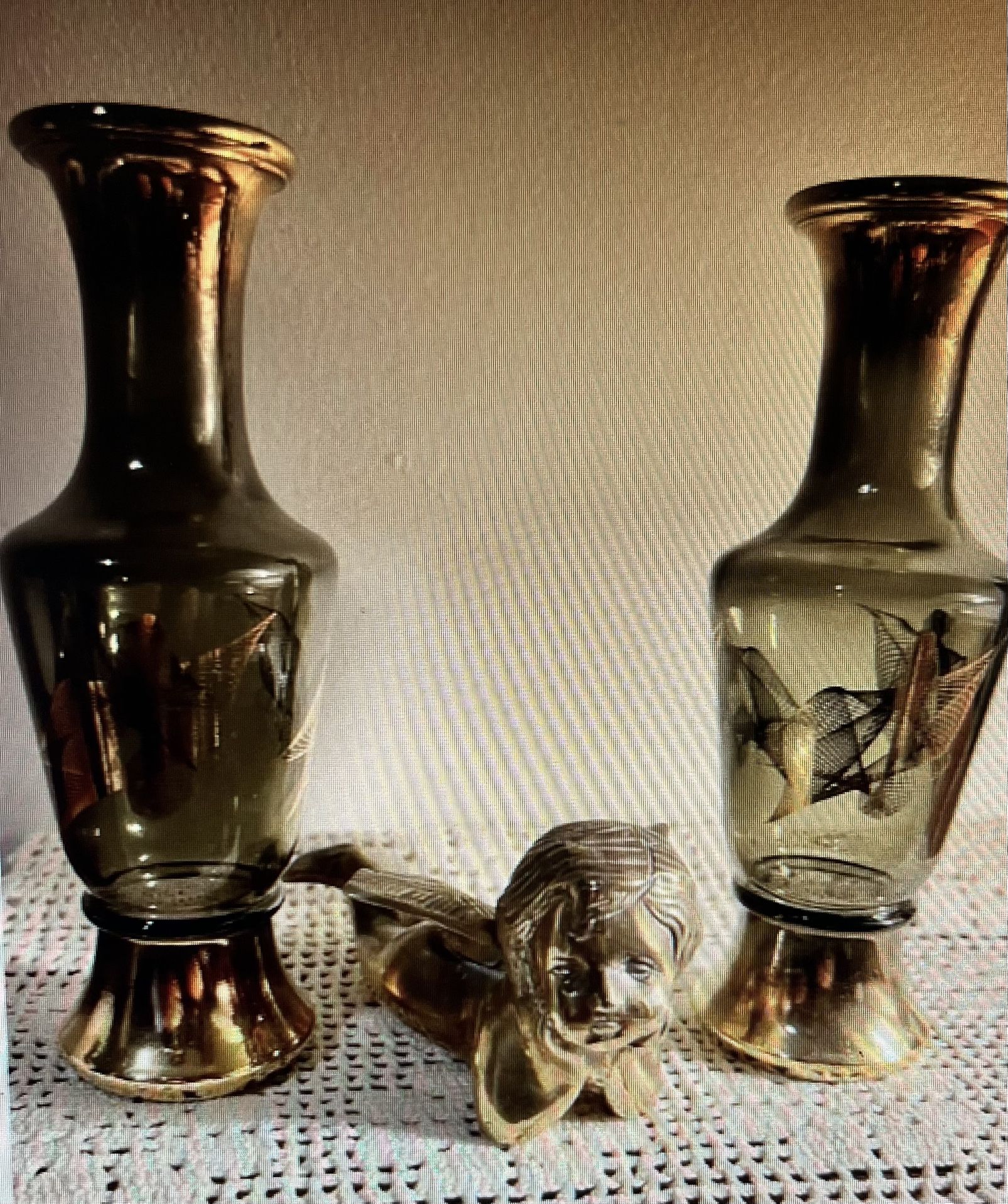 Pair Of Vintage Wheatonware Green Vases With Gold Designs