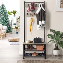 73'' H Metal Hall Tree Entryway Coat Rack with Shoe Storage Bench & 9 Movable Hooks,Gray