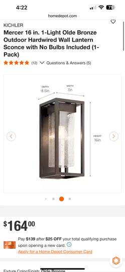 KICHLER Mercer 16 in. 1-Light Olde Bronze Outdoor Hardwired Wall Lantern Sconce with No Bulbs Included (1-Pack)