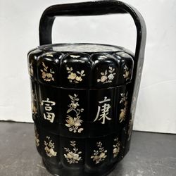 Chinese Mother of Pearl Black Lacquer Tiered Basket Qing dynasty 1(contact info removed)