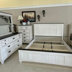 White-Brown Panel Bedroom Set, Dresser, Mirror, NightStand, Bed, Chest// Mattress Sold Separately 