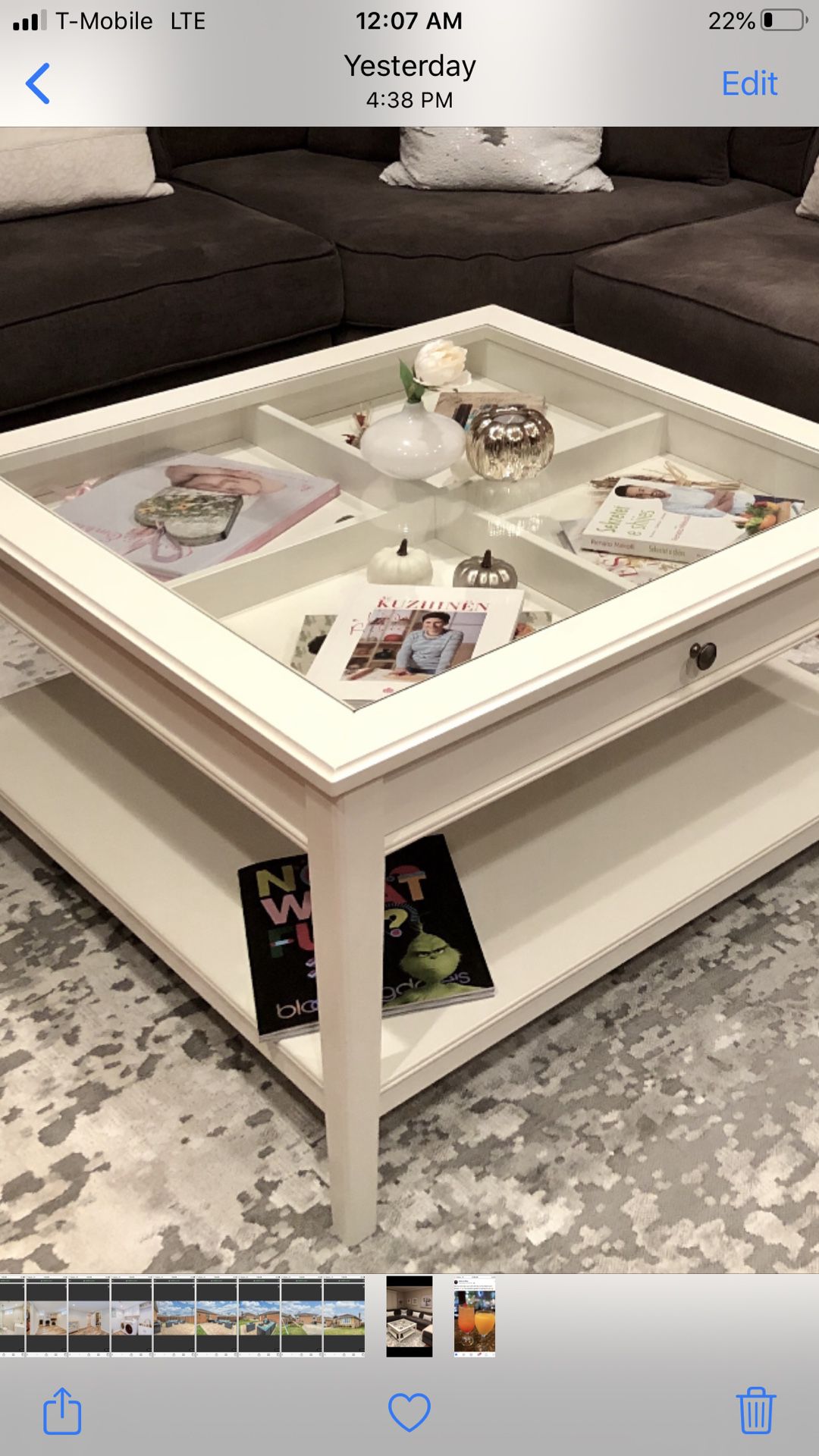 Coffee table, white, glass 36 5/8x36 5/8 “
