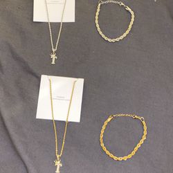Initial “T” Silver & Gold Necklace & Bracelet Set