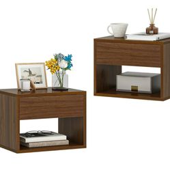 BRAND NEW 
Kepooman Set of 2 Wall Mounted Floating Bedroom Nightstand, 2 Tier Brown Side Table with Drawer and Open Storage Shelf Mid Century Small Be