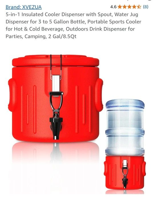 5-in-1 Insulated Cooler Dispenser with Spout, Water Jug Dispenser for 3 to 5 Gallon Bottle, Portable Sports Cooler for Hot & Cold Beverage, Outdoors D