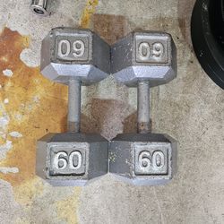 Pair 60lbs metal hex dumbbells