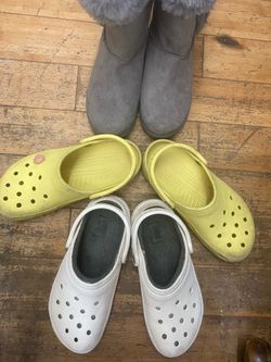 Grey womens winters boots Two pair of crocs as is 70$ for all three