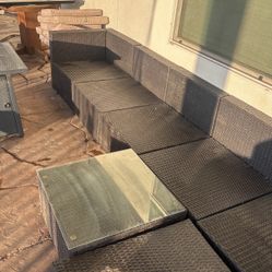 Large Outdoor Wicker Patio Sectional Set + Glass Coffee Table