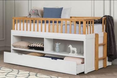 Brand New White & Oak Twin Size Bed w Storage Trundle
