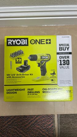 RYOBI one + 18v Cordless 3/8 in Drill/Driver Kit with ONE 2.0 Ah Battery, Charger &28 piece but set