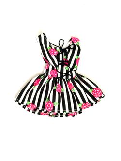 Black & White Striped with Pink Roses Print Dress from Vintage 1994 Mattel “Barbie Fashion Greeting Card – You’re Special! #13036-0990”