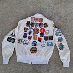 Vintage Patchs Jacket KING LOUIE PRO FIT Satin Bomber VARSITY JACKET Size L USA 70s