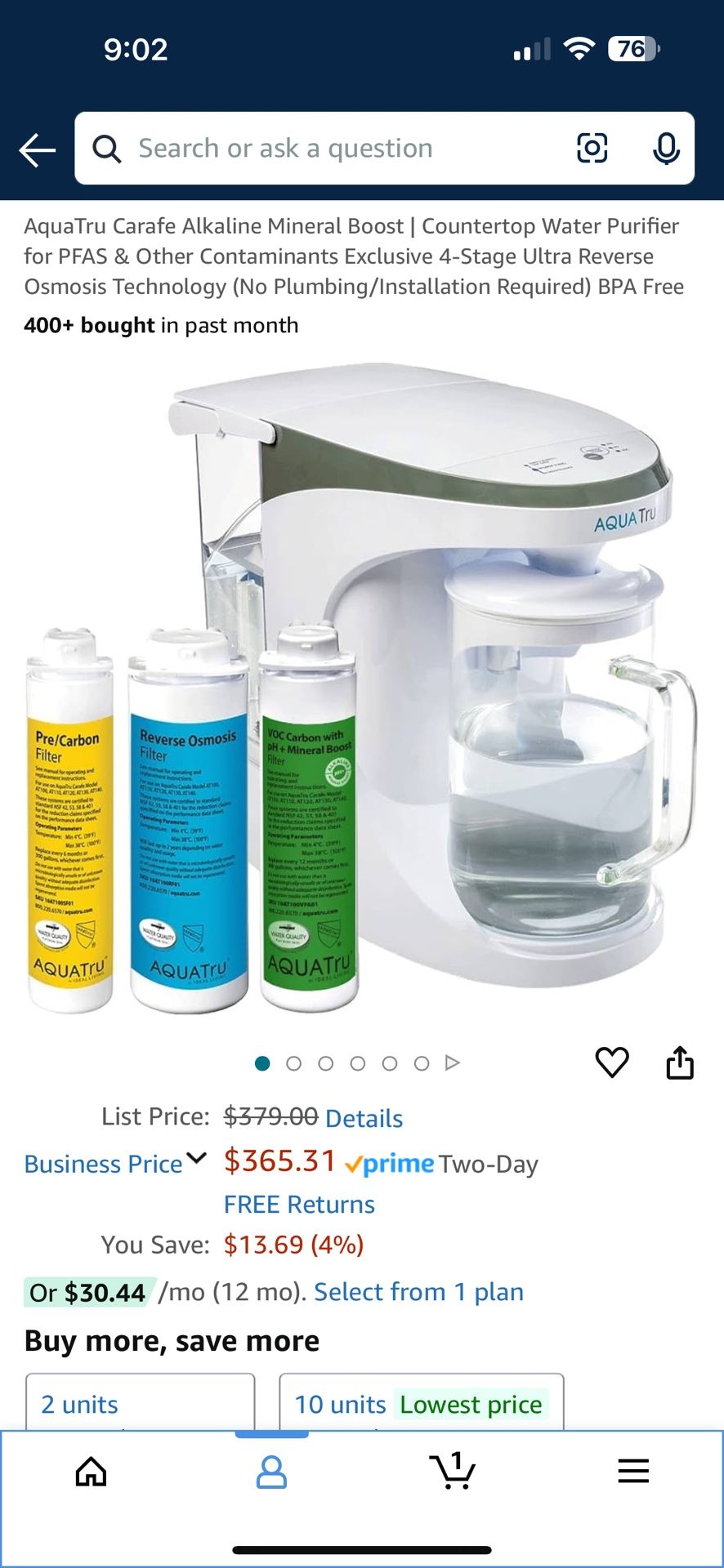 AquaTru Countertop Water Purifier Carafe Alkaline