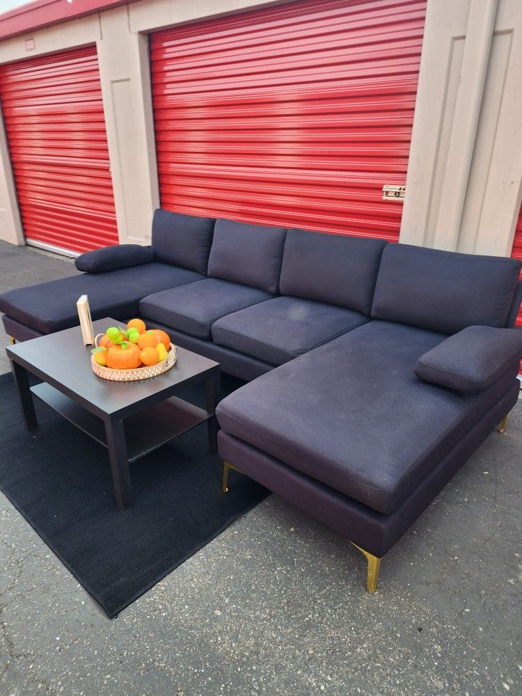 *Free delivery* Black U shape sectional couch w/ golden legs matching coffee table and rug like new