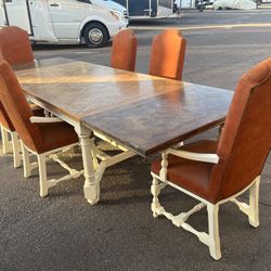 1930s French Louis XIII High Back Upholstered Studded Armchairs With Parquet Top Draw Leaf 11 Foot Oak Dining Table Large Vintage Dining Set 