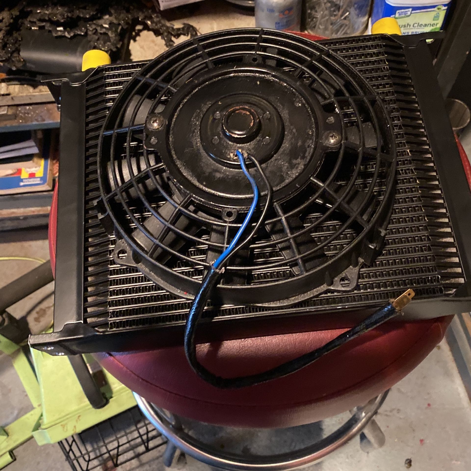 Transmission cooler size 12 in With 9 inches in height 2 inches in width cooler is brand new fan is used works excellent
