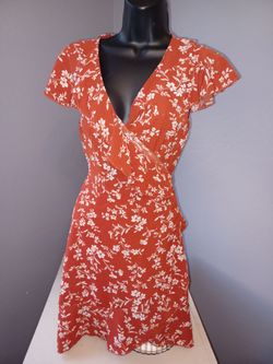 Rust Floral V-neck Wrap Dress S