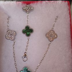 Bracelet And Necklace Clover Leaf Malachite Stone 925 Silver 