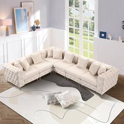 Beige Modular Sectional Sofa Velvet L Shaped Couch for Living Room or Office, 6 Seat Comfortable Couch with Reversible Chaise, Brushed Velvet, Beige