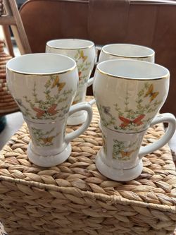 Tall Irish Coffee Mug Cup Butterfly Garden Set of 4 Vintage Shafford Ecstasy