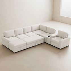 New- Belffin Cream Merenia Modular Pullout Sleeper Sectional Sofa