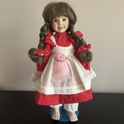MYD Marian Yu Designs Porcelain Doll 14 Inch Vintage Pig Plush In Pocket