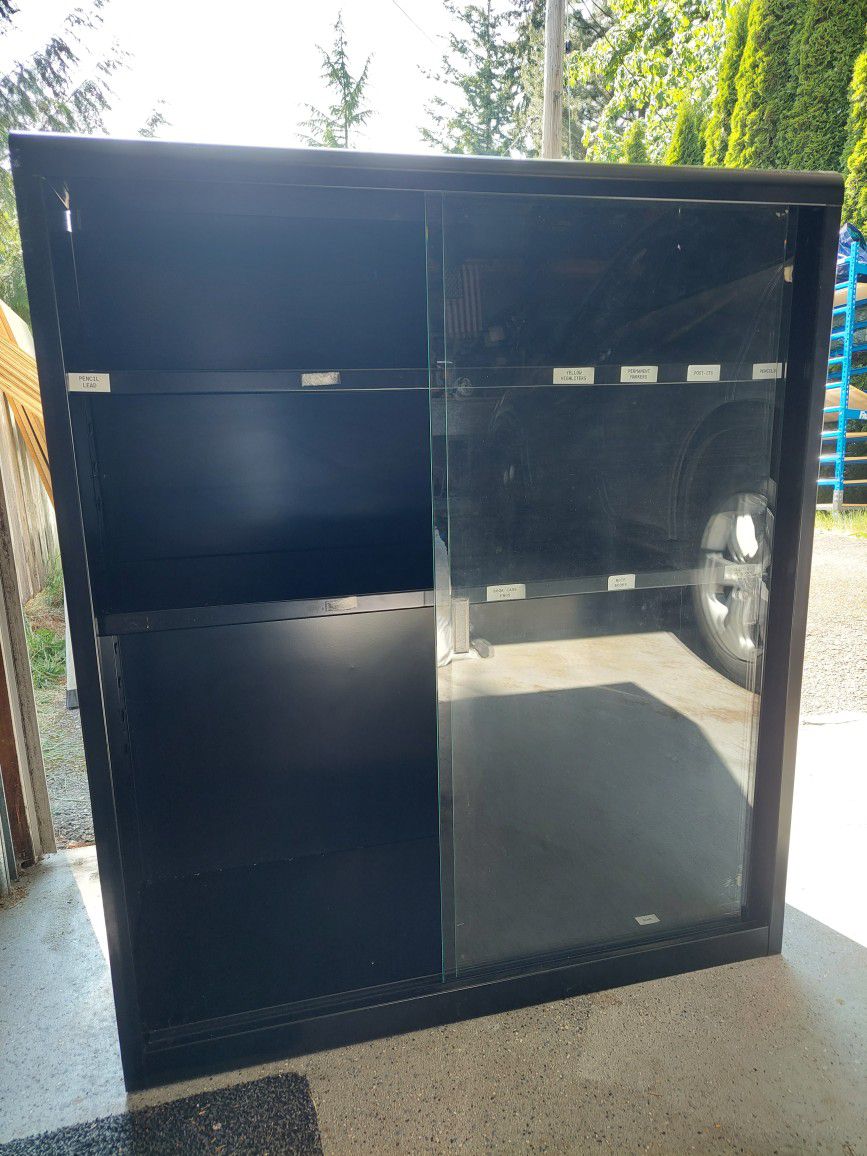 Black Metal Cabinet With Sliding Glass Doors