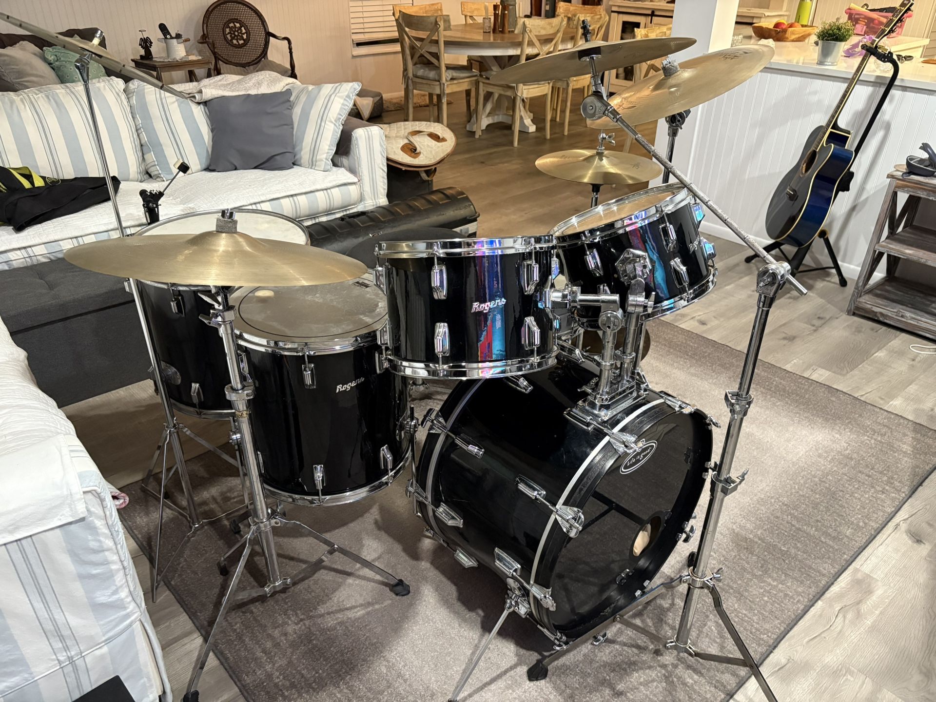 1960’s  Vintage Gloss Black Rogers Drum Set ( Including A Rare 18 X 18 Floor Tom)